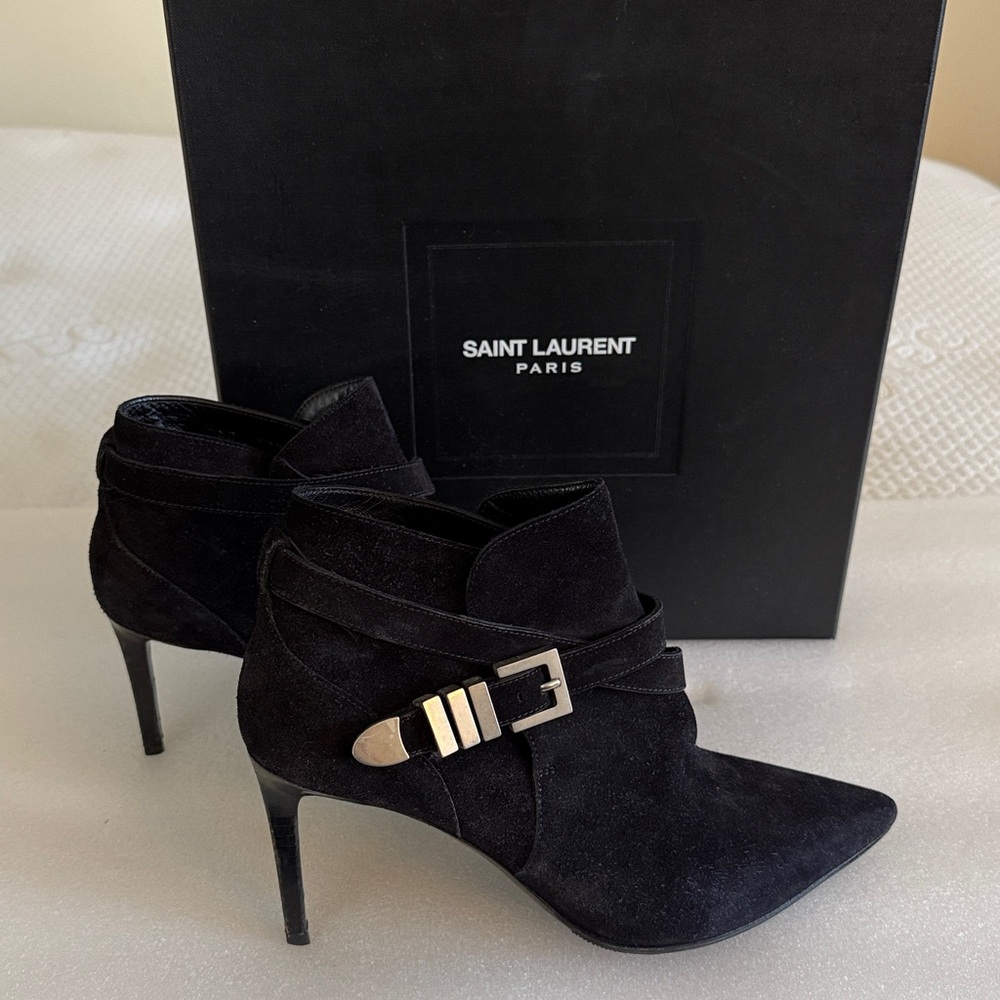 Saint Laurent Black Suede Heeled Boots size 38 1/2 . Silver tone buckle 3” heel